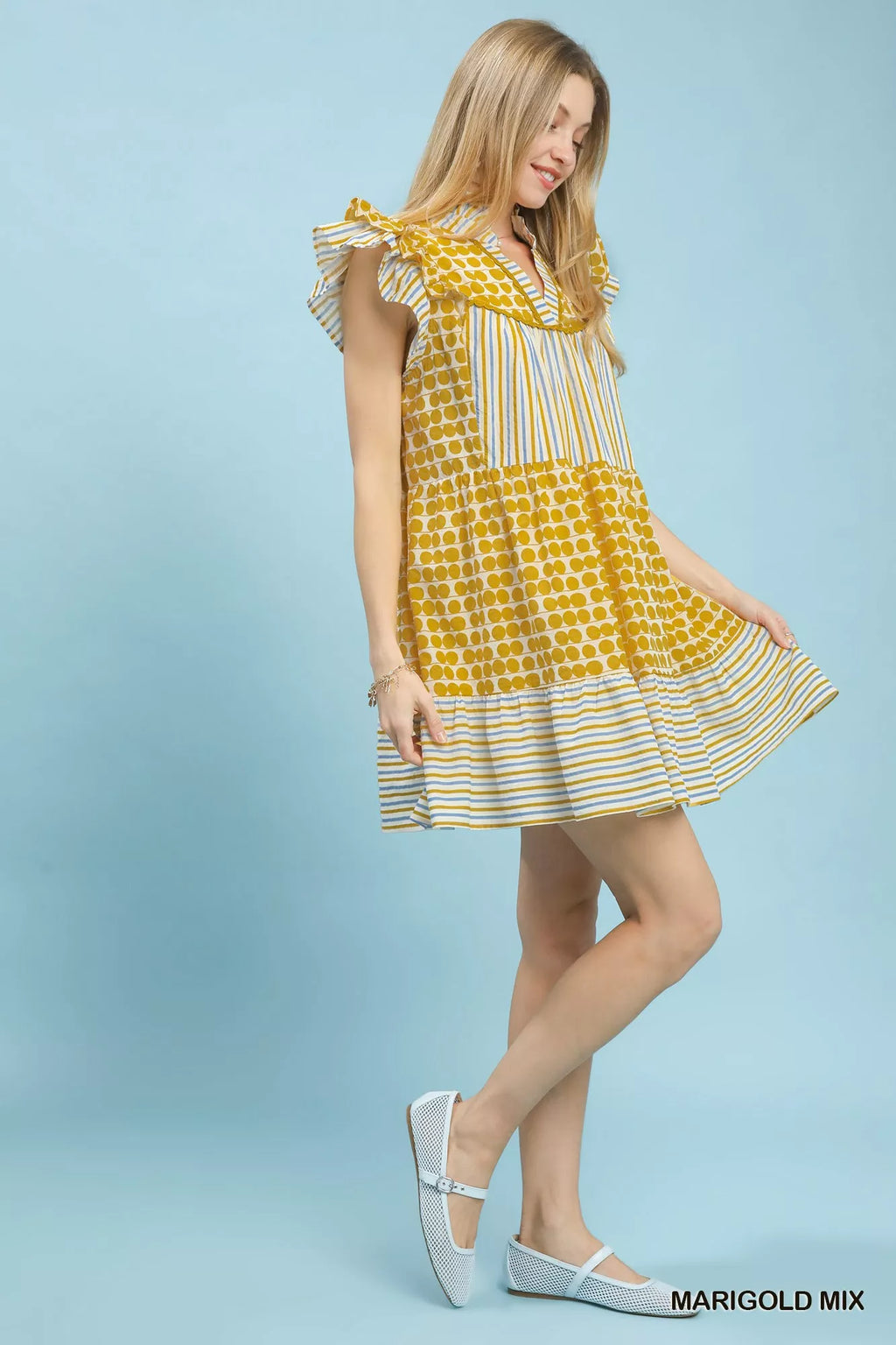 YSONA Umgee Mix Patchwork Flutter Sleeve Tiered Dress — back view | Women's Dress | Shop YSONA