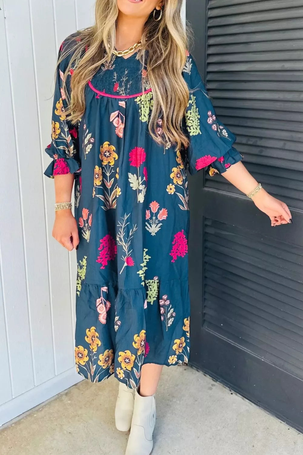 YSONA Floral Print Gathered Neckline 7/8 Sleeve Casual Midi Dress — side view | Women's Dress