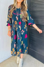 YSONA Floral Print Gathered Neckline 7/8 Sleeve Casual Midi Dress — side view | Women's Dress
