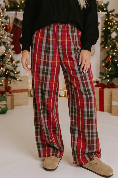 Red Plaid Elastic Waist Pocket Regular Full-Length Pants