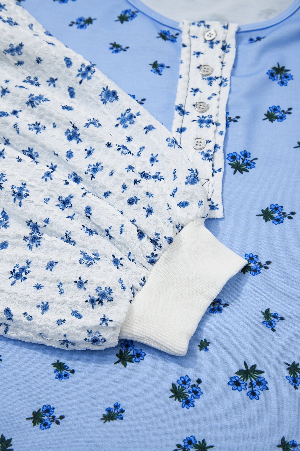 Sky Blue Floral Print Contrast Long Sleeve Tops
