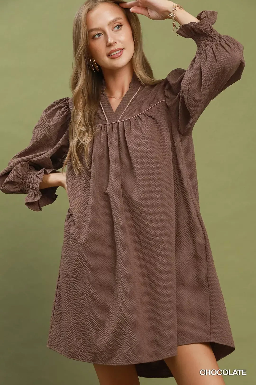 YSONA Umgee Textured Puff Sleeve Mini Dress — front view | Women's Dress | Shop YSONA