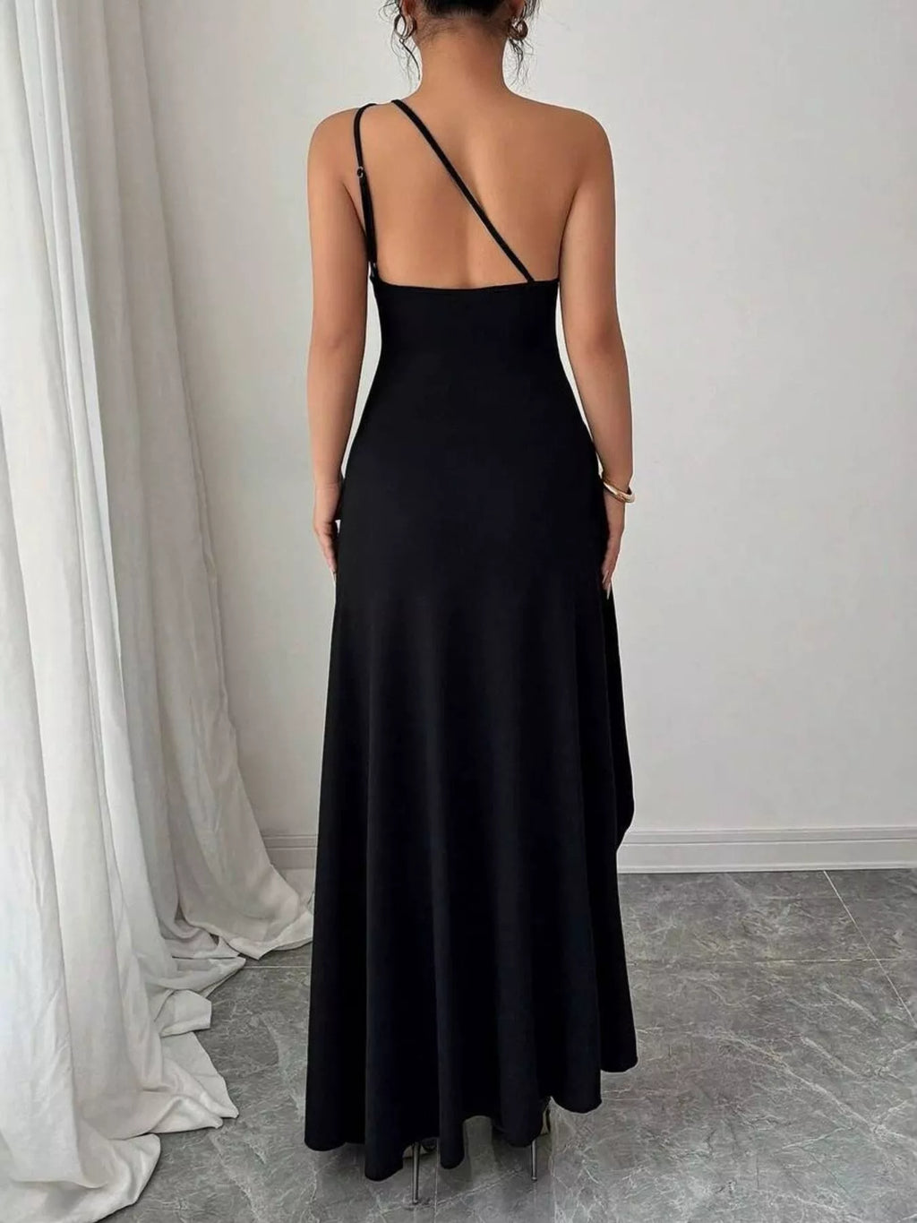 YSONA One-Shoulder Ruched High-Slit Maxi Dress — detail view | Women's Dress | Shop YSONA