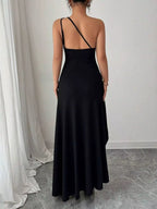 YSONA One-Shoulder Ruched High-Slit Maxi Dress — detail view | Women's Dress | Shop YSONA