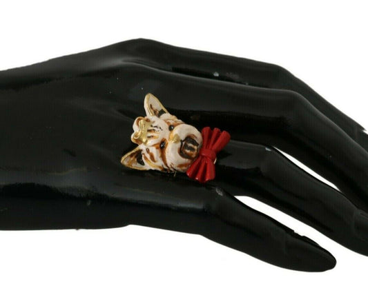 Dolce & Gabbana Beige Dog Pet Branded Accessory Gold Brass Resin Ring - YSONA