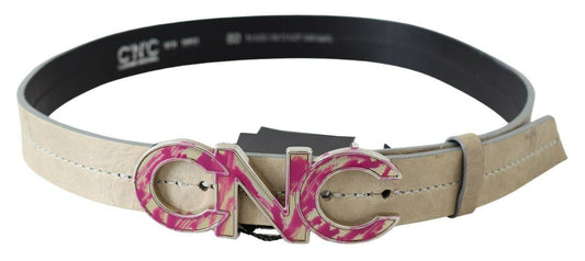 Costume National Beige Leather Pink Letter Logo Buckle Belt - YSONA