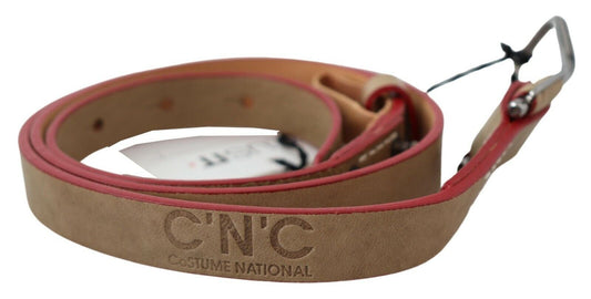 Costume National Beige Leather Silver Logo Buckle Waist Belt - YSONA