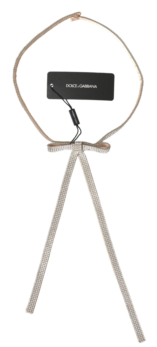 Dolce & Gabbana Beige Silk Clear Crystal Bow Waist Belt - YSONA