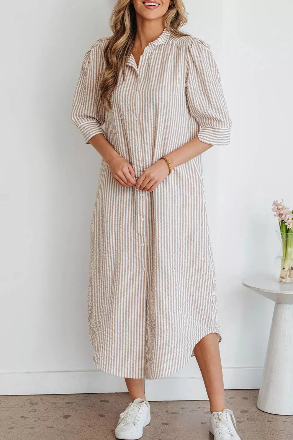 YSONA Stripe Frilled Collar Half Sleeve Shirt Dress — full length view | Women's Dress | Shop YSONA