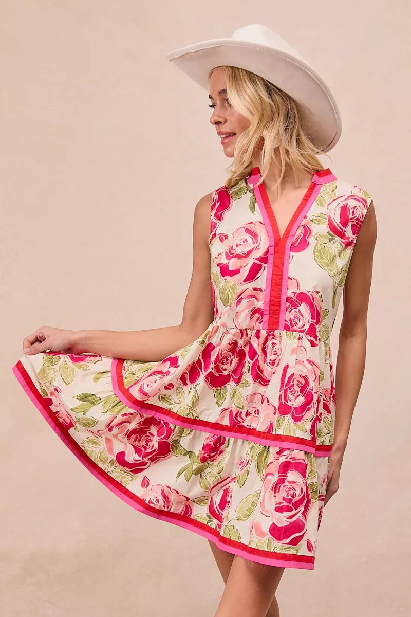 BiBi Floral Woven Contrast Edge Tiered Ruffle Mini Dress - YSONA