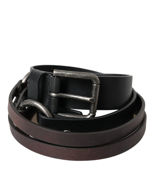 Dolce & Gabbana Black Brown Leather Silver Metal Buckle Belt - YSONA