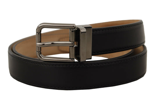 Dolce & Gabbana Black Calf Leather Logo Engraved Metal Buckle Belt - YSONA