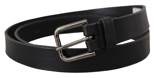 Dolce & Gabbana Black Calf Leather Logo Engraved Metal Buckle Belt - YSONA