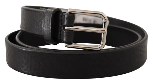 Dolce & Gabbana Black Calf Leather Silver Tone Logo Metal Buckle Belt - YSONA