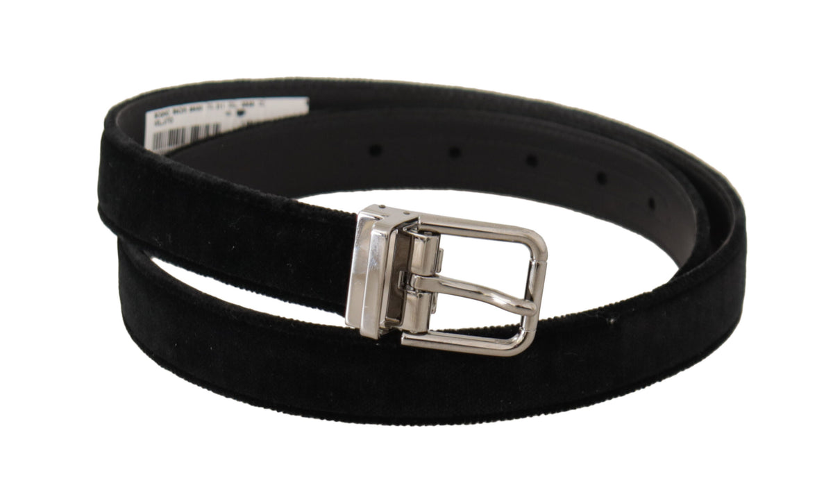 Dolce & Gabbana Black Casual Velvet Silver Metal Logo Buckle Belt - YSONA