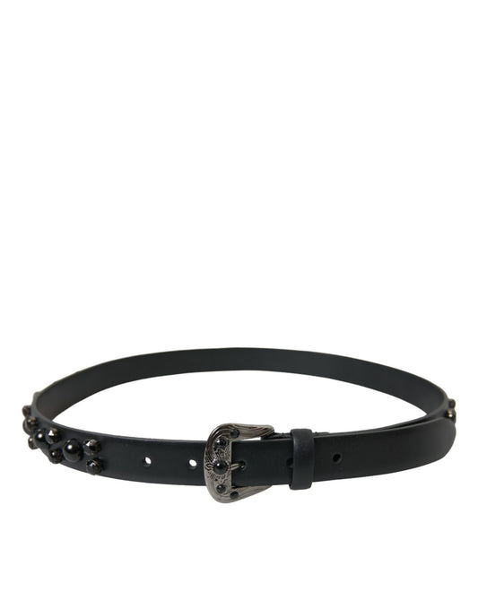 Dolce & Gabbana Black Embellished Leather Engraved Buckle Belt - YSONA