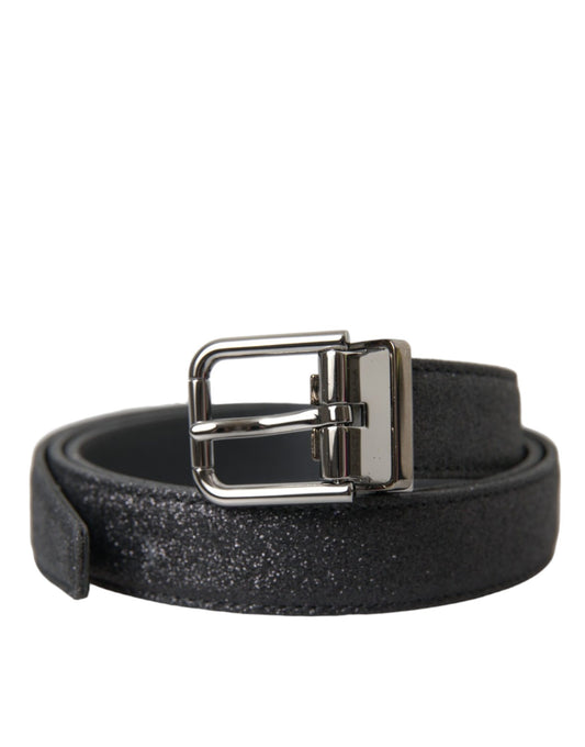 Dolce & Gabbana Black Glittered Leather Silver Buckle Belt - YSONA