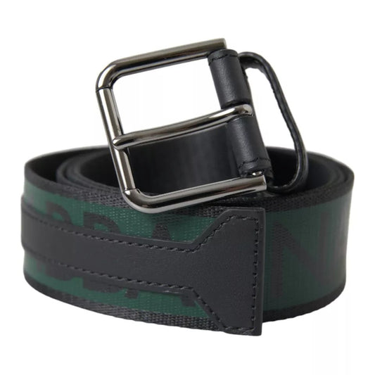 Dolce & Gabbana Black Green Logo Silver Metal Buckle Belt - YSONA