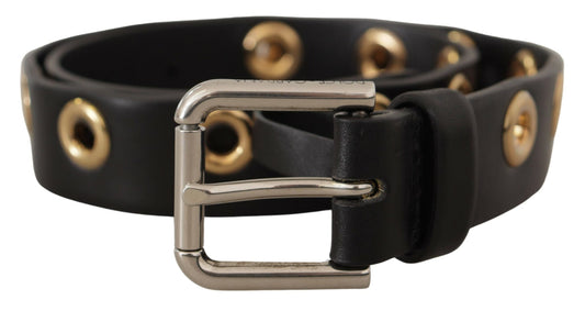 Dolce & Gabbana Black Leather Eyelet Silver Tone Metal Buckle Belt - YSONA