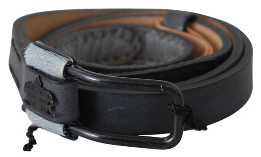 Ermanno Scervino Black Leather Fringes Logo Buckle Belt - YSONA