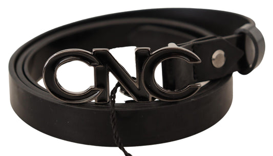 Costume National Black Leather Letter Logo Buckle Belt - YSONA