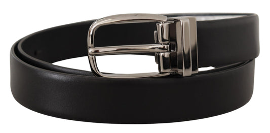 Dolce & Gabbana Black Leather Silver Metal Chrome Logo Buckle Belt - YSONA