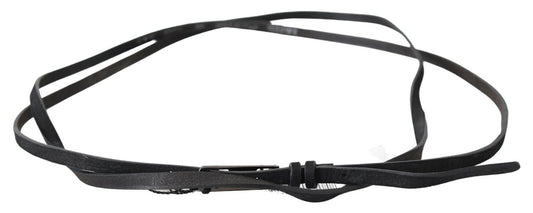 Costume National Black Leather Skinny Logo Buckle Belt - YSONA