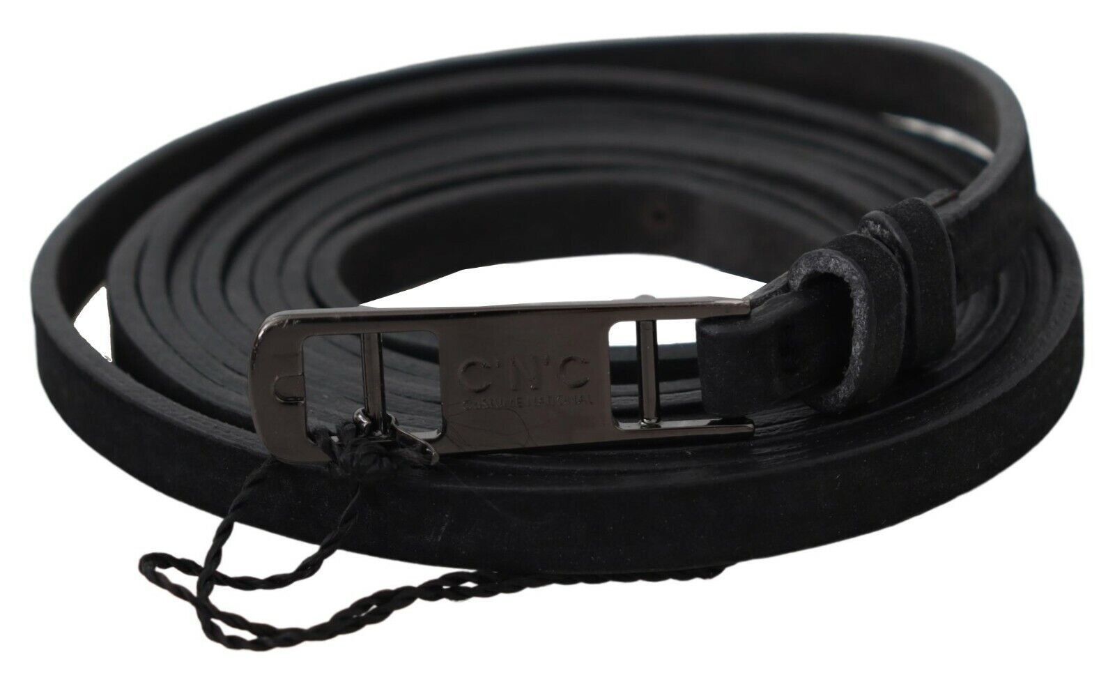 Costume National Black Leather Skinny Logo Buckle Belt - view 2