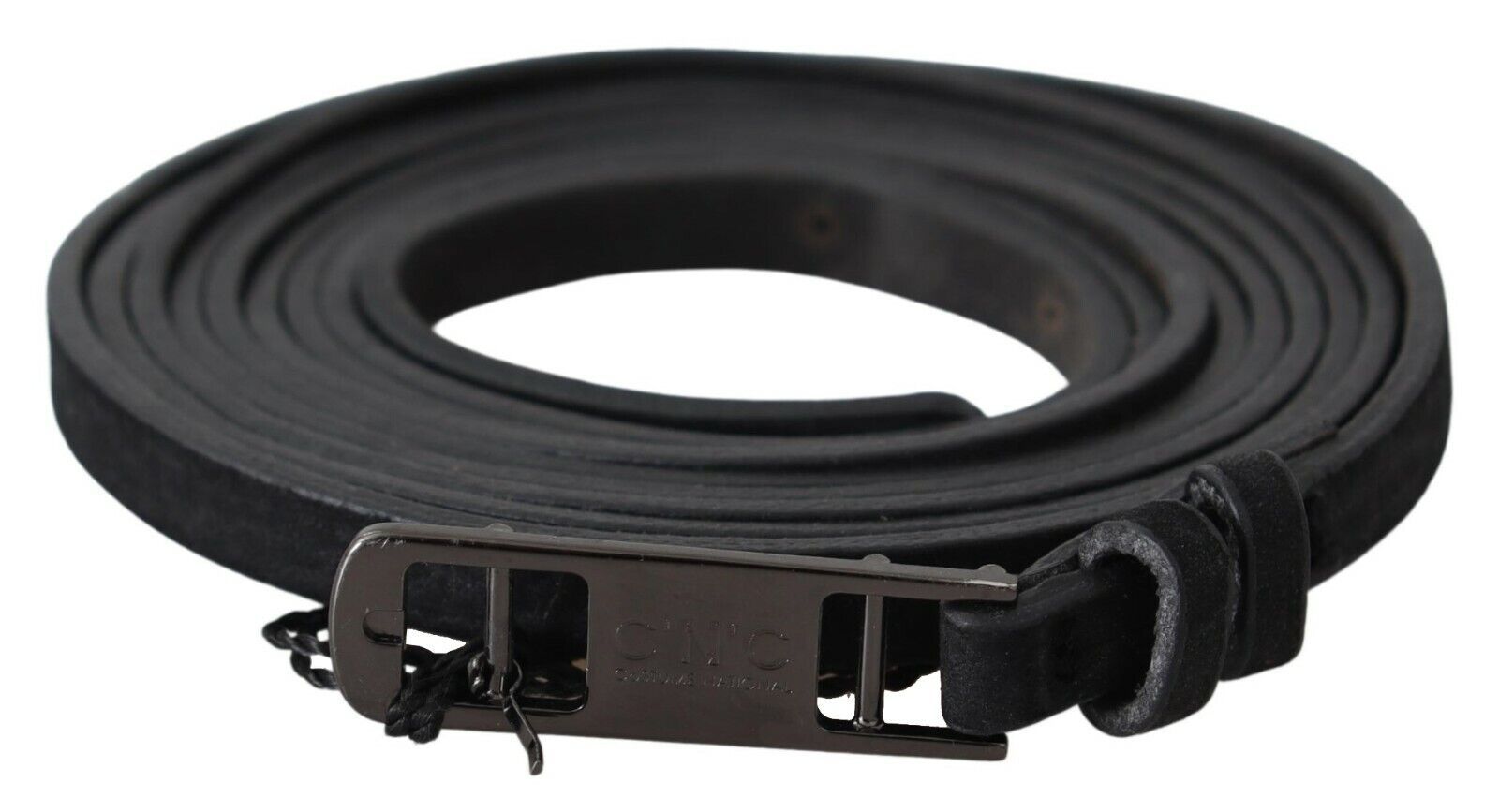 Costume National Black Leather Skinny Logo Buckle Belt - view 3