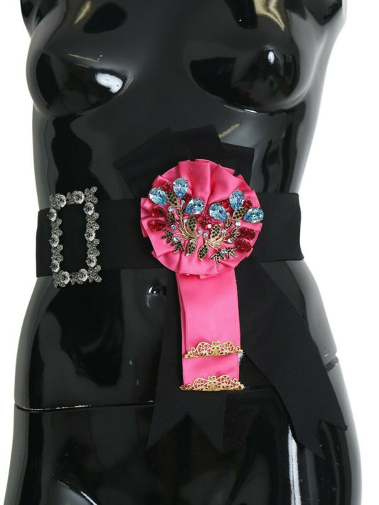 Dolce & Gabbana Black Pink Flower Brooch Crystals Cotton Belt - YSONA