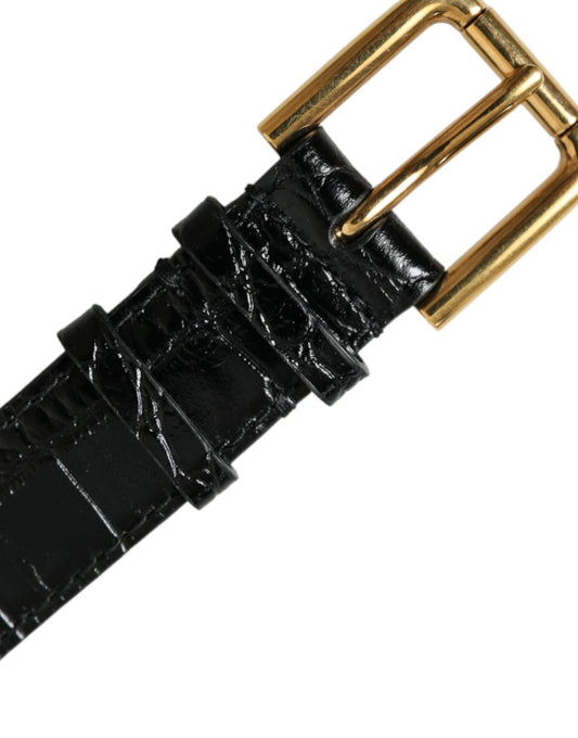 Dolce & Gabbana Black Textured Leather Gold Tone Metal Buckle Armband - YSONA