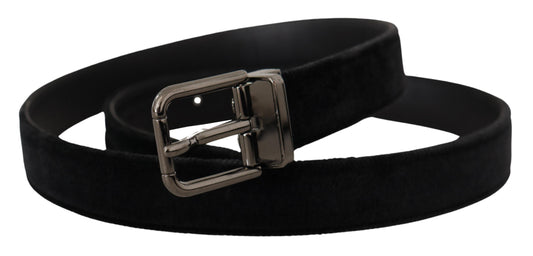Dolce & Gabbana Black Velvet Silver Tone Logo Metal Buckle Belt - YSONA