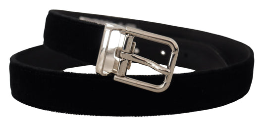 Dolce & Gabbana Black Velvet Silver Tone Metal Logo Buckle Belt - YSONA