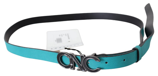 Costume National Blue Green Leather Logo Silver Buckle Belt - YSONA