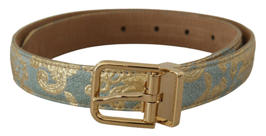 Dolce & Gabbana Blue Leather Jacquard Embossed Gold Metal Buckle Belt - YSONA