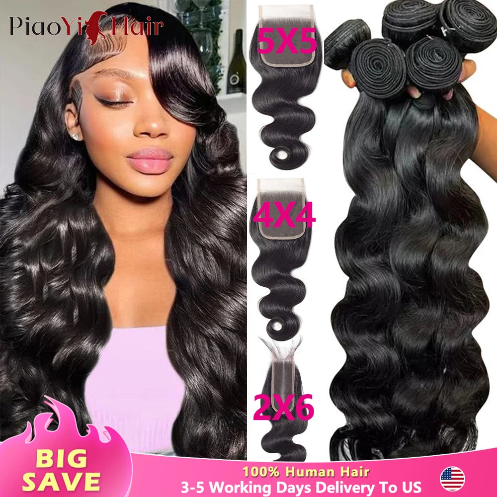 Body Wave Hair Bundles with 4x4 / 5x5 Closure – Raw Human Hair Weave, 2x6 Middle Part Option