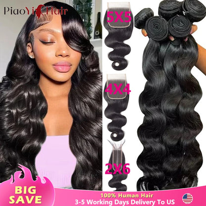 Body Wave Hair Bundles with 4x4 / 5x5 Closure – Raw Human Hair Weave, 2x6 Middle Part Option