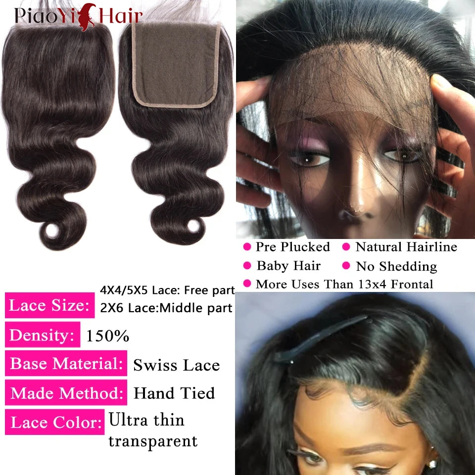 Body Wave Hair Bundles with 4x4 / 5x5 Closure – Raw Human Hair Weave, 2x6 Middle Part Option