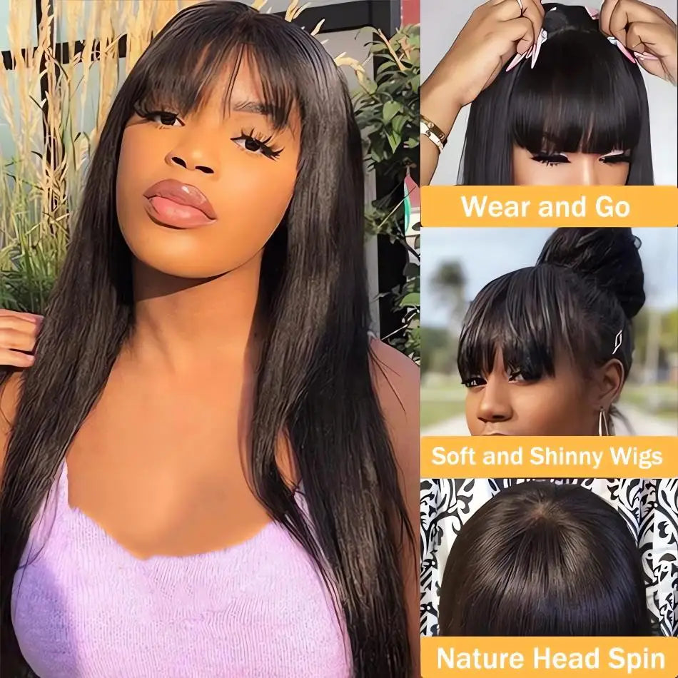Bone Straight Wig with Bangs – 3x1 Middle Part Lace, Glueless Machine Made Fringe
