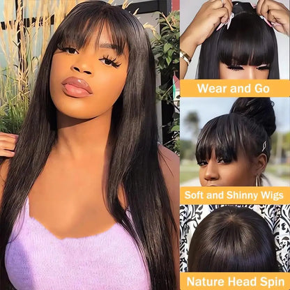 Bone Straight Wig with Bangs – 3x1 Middle Part Lace, Glueless Machine Made Fringe