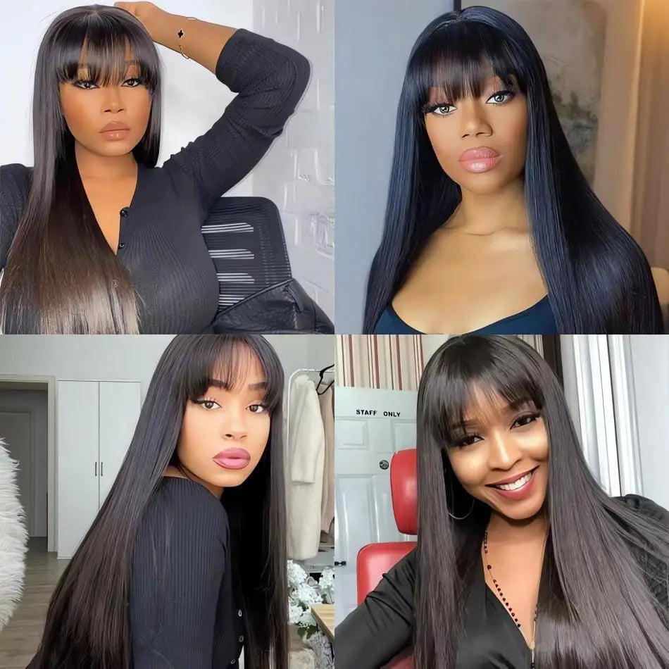 Bone Straight Wig with Bangs – 3x1 Middle Part Lace, Glueless Machine Made Fringe
