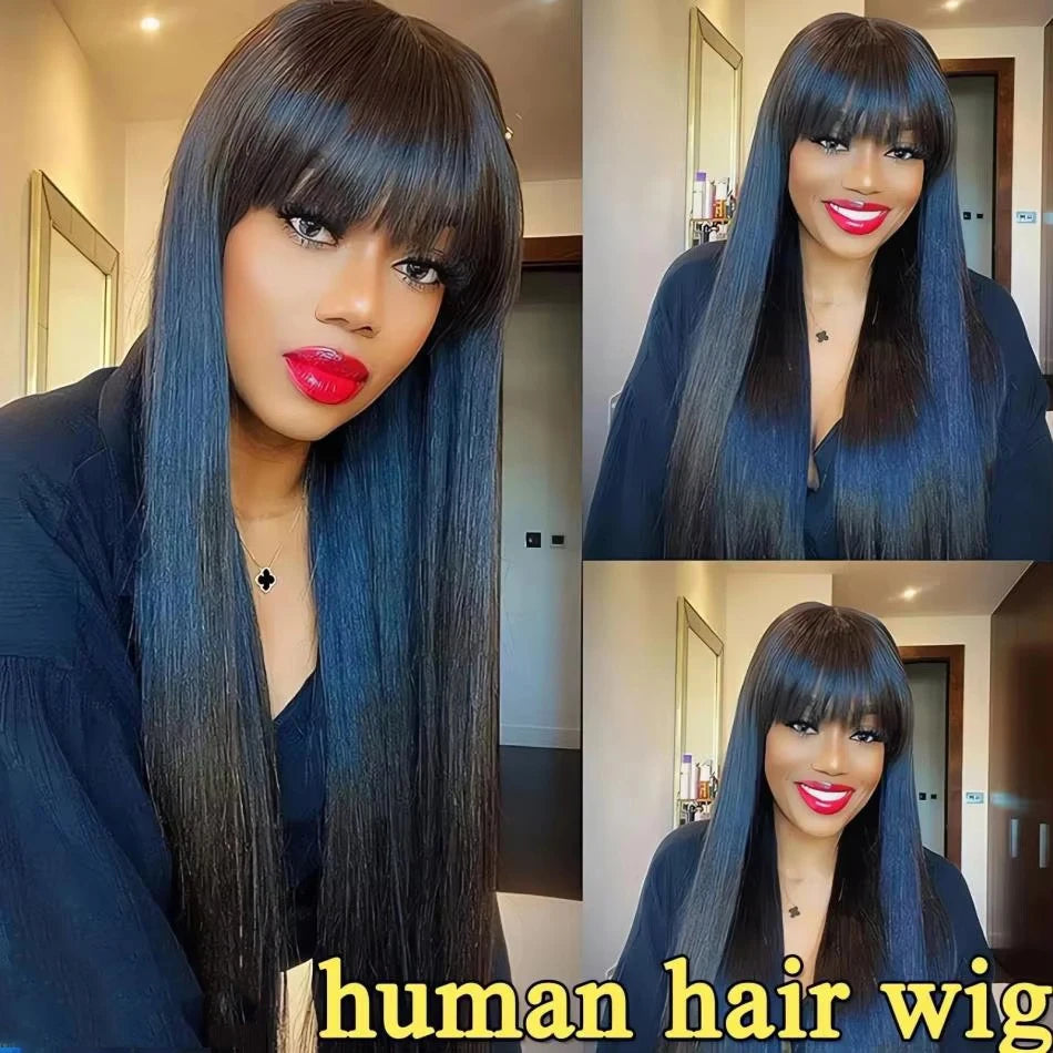 Bone Straight Wig with Bangs – 3x1 Middle Part Lace, Glueless Machine Made Fringe