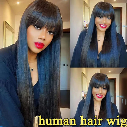 Bone Straight Wig with Bangs – 3x1 Middle Part Lace, Glueless Machine Made Fringe
