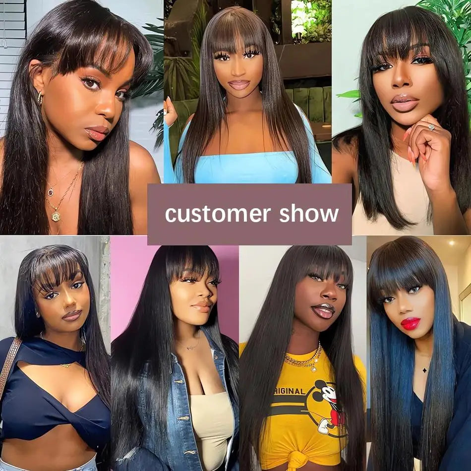 Bone Straight Wig with Bangs – 3x1 Middle Part Lace, Glueless Machine Made Fringe