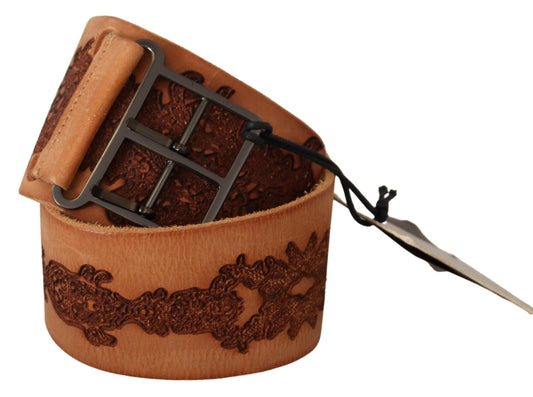 Scervino Street Brown Genuine Leather Black Logo Buckle Belt - YSONA