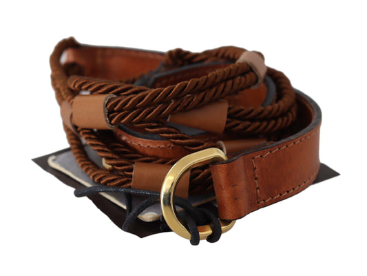 Scervino Street Brown Leather Braided Rope Gold Buckle Belt - YSONA