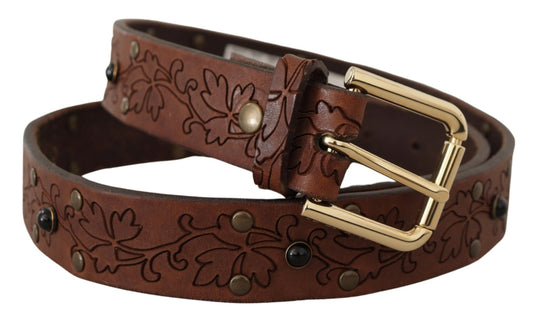 Dolce & Gabbana Brown Leather Floral Studded Metal Buckle Belt - YSONA
