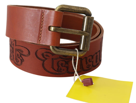 Just Cavalli Brown Leather Logo Bronze Rustic Metal Buckle Belt - YSONA