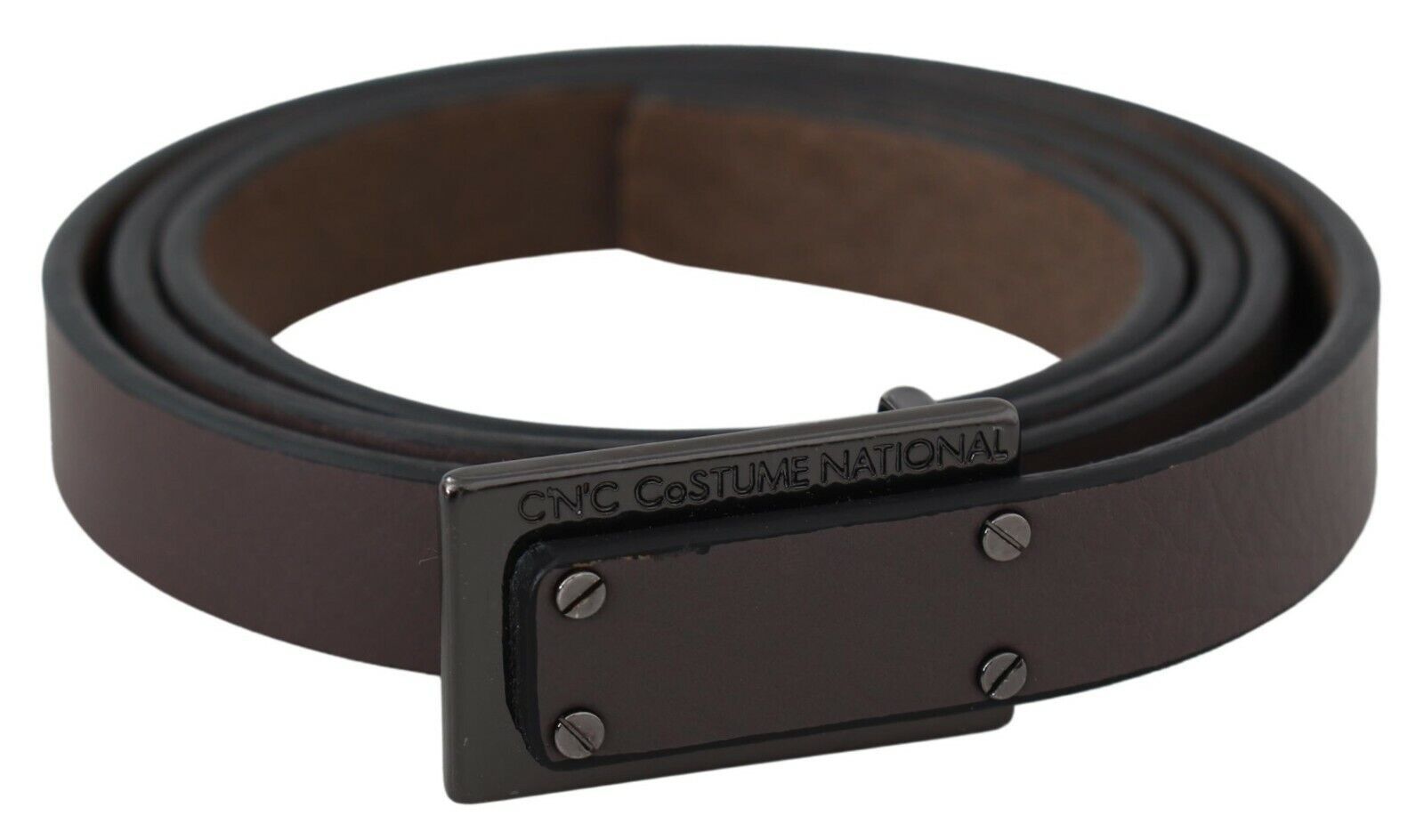 Costume National Brown Leather Tactical Logo Screw Buckle Belt - YSONA