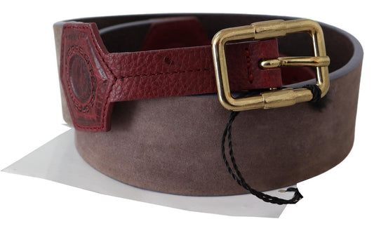 GF Ferre Brown Leather Wide Gold Chrome Logo Buckle Belt - YSONA